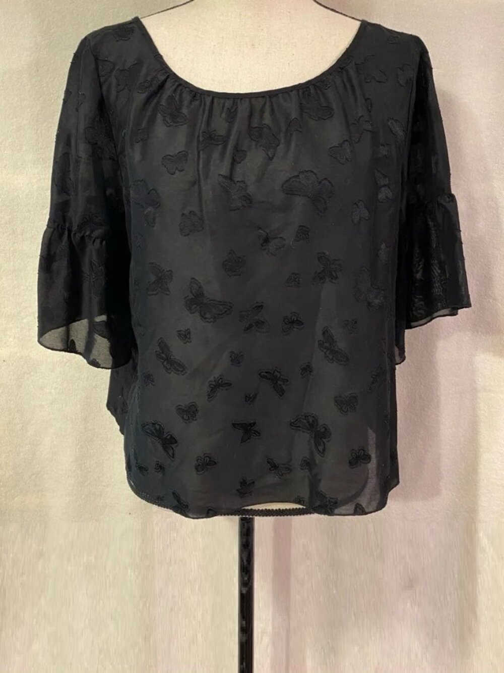 Madewell black jacquard butterfly tiered bell sleeve blouse